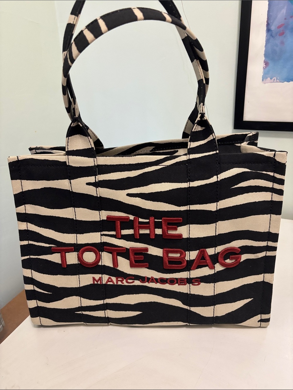 Marc Jacobs Zebra Canvas Tote in Black & Cream with Red Logo